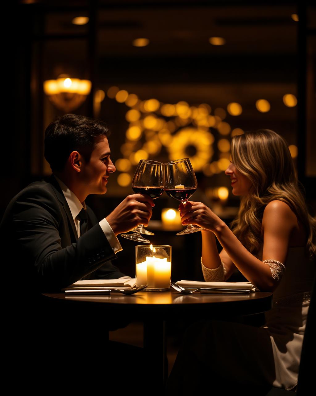 Cena romántica con velas y copas de vino