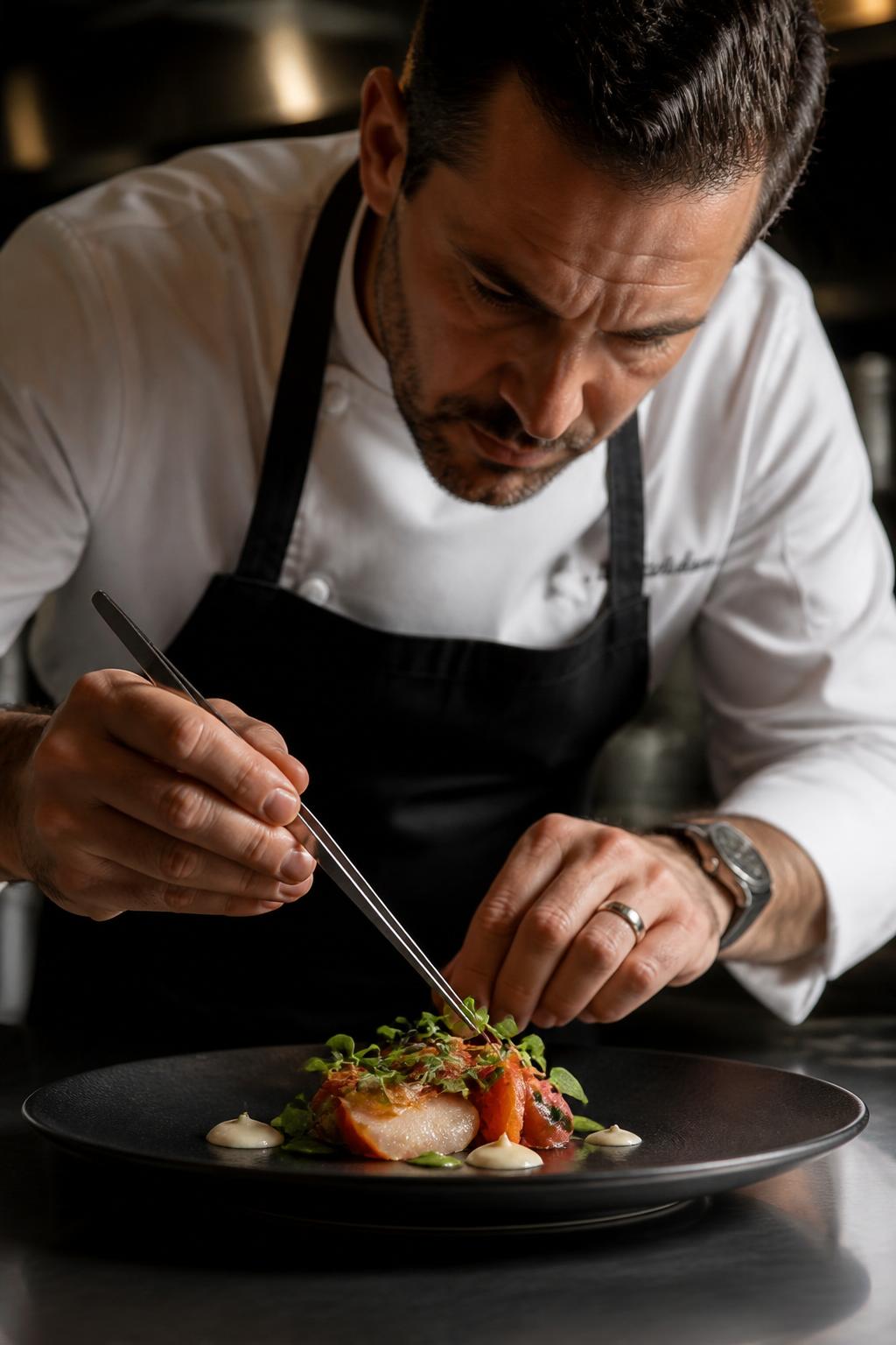 Chef emplatando con pinzas