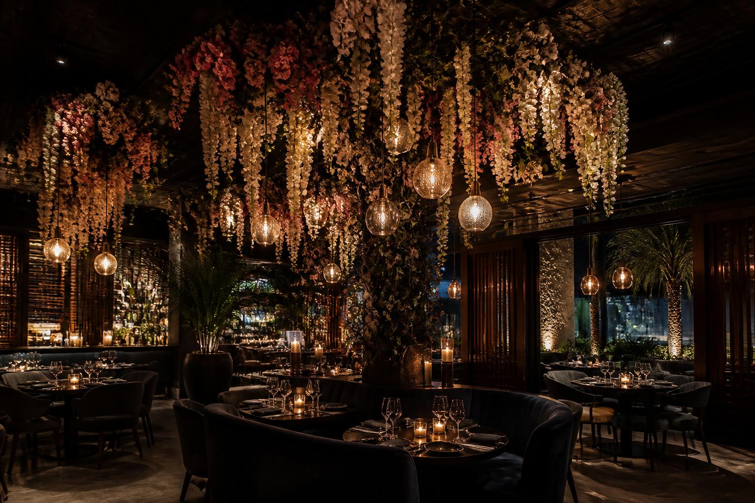Interior elegante de Bocados, con instalación floral colgante y luz cálida